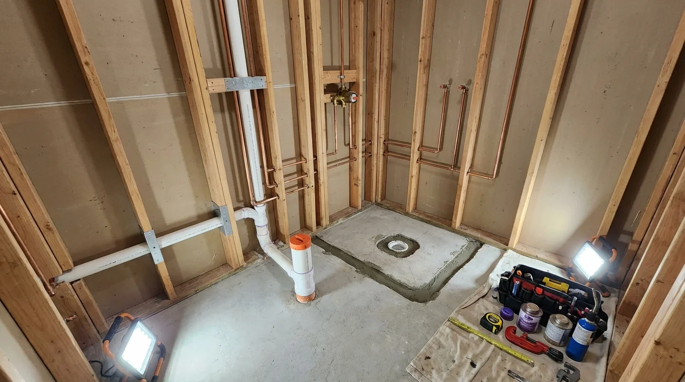 Bathroom rough-in plumbing during remodel by Johns Plumbing LLC in Tupper Lake