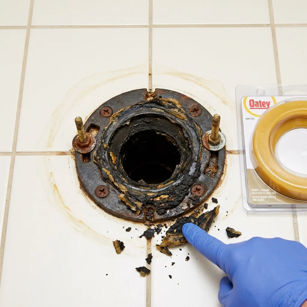 Failed wax ring showing water seepage at the base of a toilet in a Tupper Lake, NY home