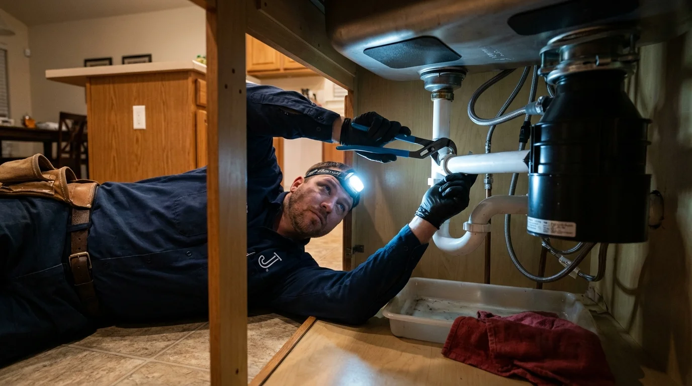 P-trap and supply line connections under a kitchen sink showing a common leak point in Tupper Lake, NY